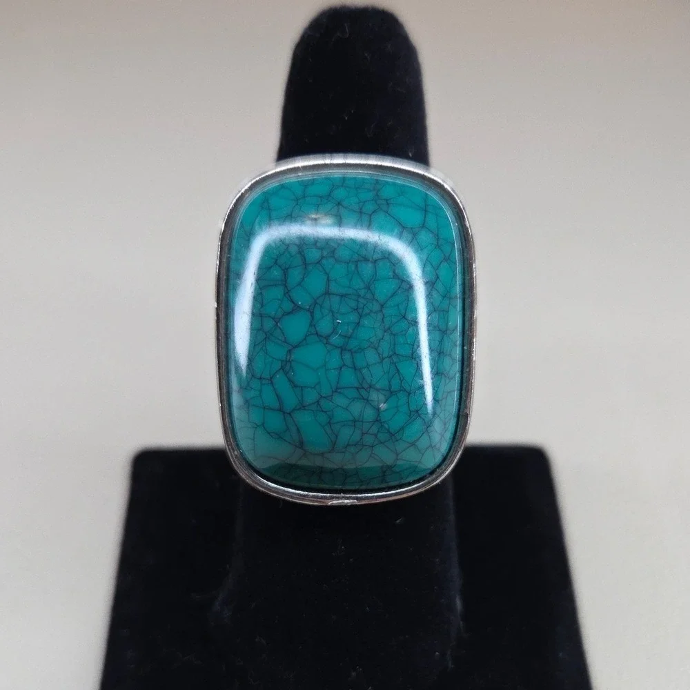 Boho Statement Ring Faux Turquoise Silver Tone Chunky Band Southwestern Size 8.5